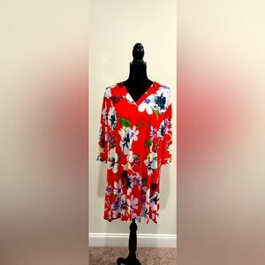 Sew In Love Red Large Floral Print Swing Knew Length Dress - Size Large